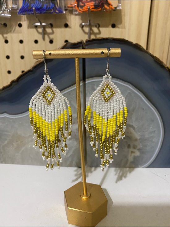 Handmade Jewelry - White and Yellow Beaded Fringe Earrings - Women Jewelry